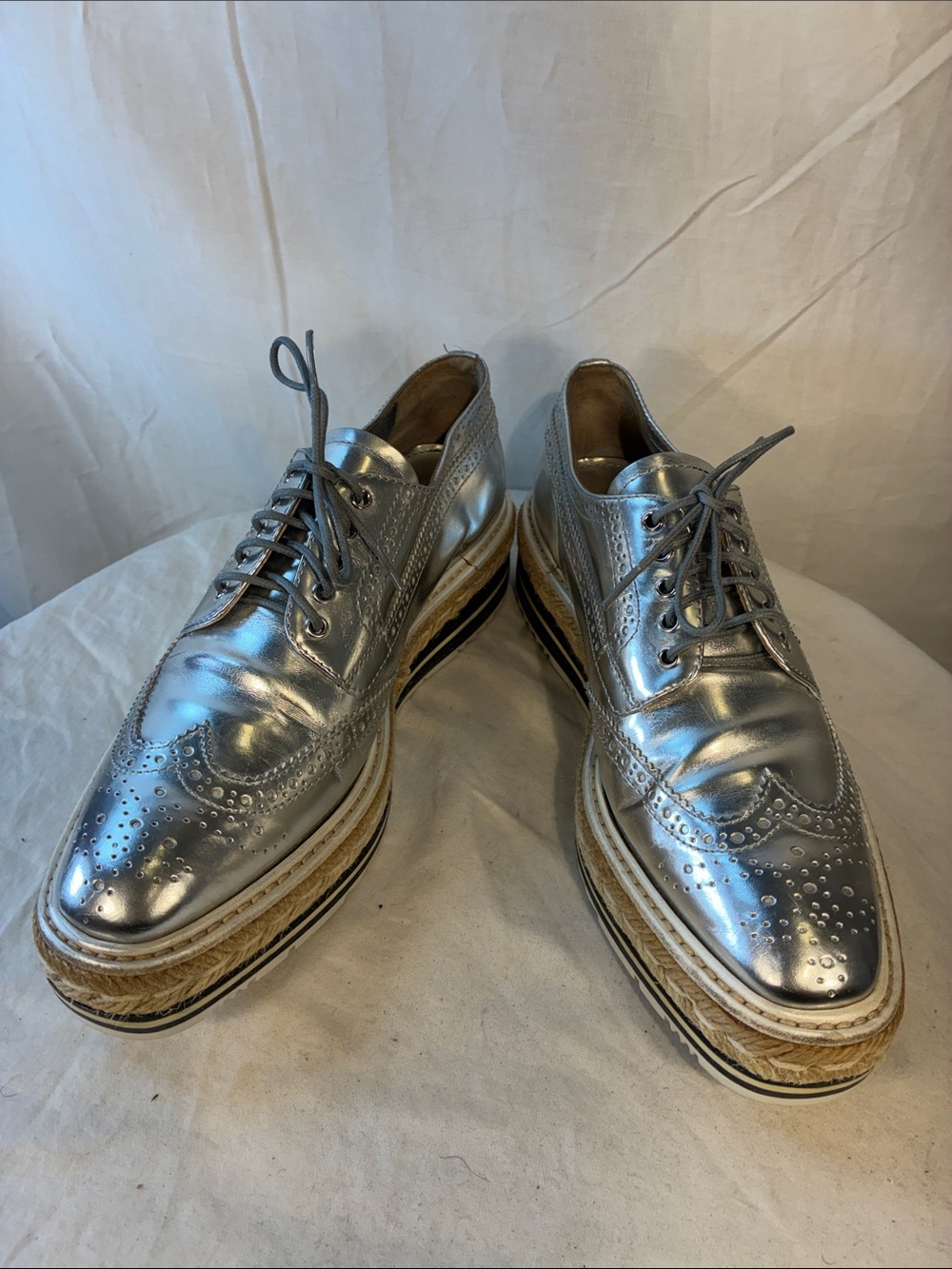 Stunning Prada Metallic Silver Platform Wingtip Oxford Shoes